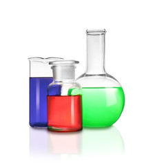 Laboratory glassware with different samples on white background. Solution chemistry