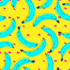 Seamless pop art banana pattern randomly distributed on color background.