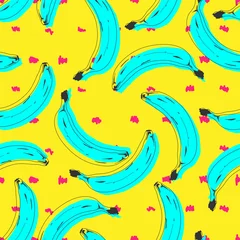 Tapeten Gelb Nahtloses Pop-Art-Bananenmuster zufällig auf farbigem Hintergrund verteilt.