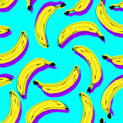 Seamless pop art banana pattern randomly distributed on color background.