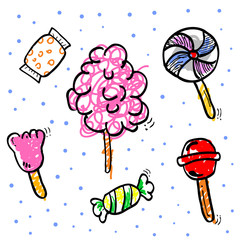 Naklejka premium 5 simple hand draw, scribble fill color, blue pink, brown, gray, yellow, green sketch of candy