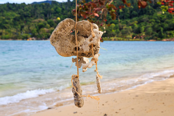 Pierre et corde attachés à une branche sur une plage de Thaïlande