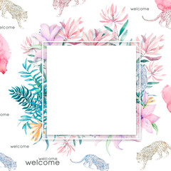 Wedding Invitation, floral invite card, pink flowers and green leafs geometric. Rhombus Rectangle frame. White square background. Leopard watercolor animals. Greeting card, tropical set. Living coral