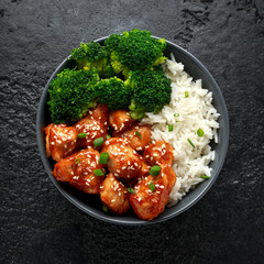Teriyaki chicken, steamed broccoli and basmati rice served in bowl