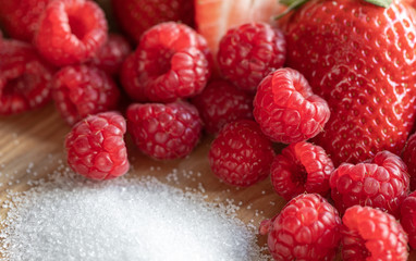 Strawberry And Raspberry Fruits. Raw. Sugar. Macro. Red