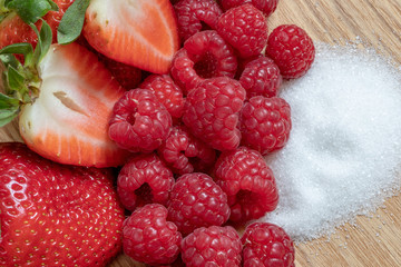 Strawberry. Fruits. Raspberry. Raw. Sugar. Macro. Red