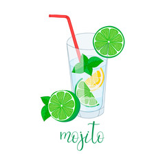 Glass of mojito with lemon, mint and ice. Color flat vector illustration. Postcard.