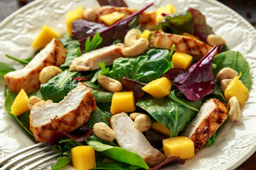 Grilled Chicken Mango salad with nuts and vegetables. Healthy food.