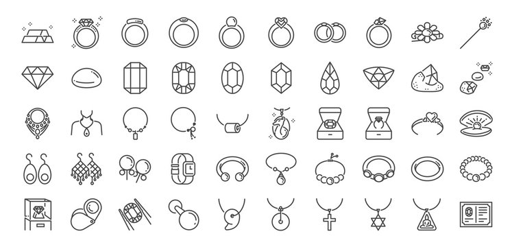 50 Jewelry line icon set. Included icons as gems, gemstones, jewel, accessories, ring and more.