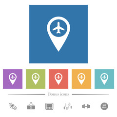 Airport GPS map location flat white icons in square backgrounds