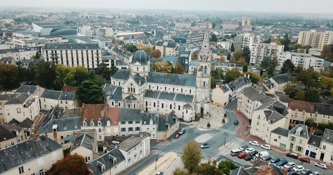 Aerial view of picturesque Chateauroux cityscape with Catholic Church of Our Lady, central France