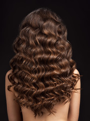 Girl with long, curly hair, rear view. Hair texture, close-up.