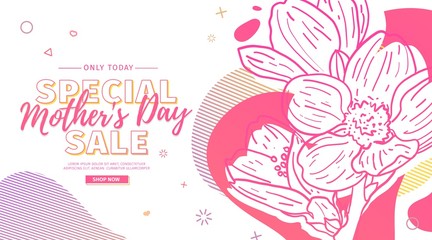 Modern Template design for Mom day banner. Promotion layout for mother's day offer with flower decoration. Line illustration floral blossom with abstract geometric shape for sale. Vector.