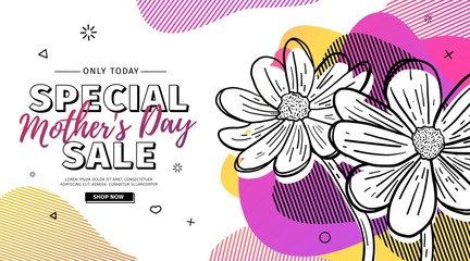 Modern Template design for Mom day banner. Promotion layout for mother's day offer with flower decoration. Line illustration  floral blossom with abstract geometric shape for sale. Vector.
