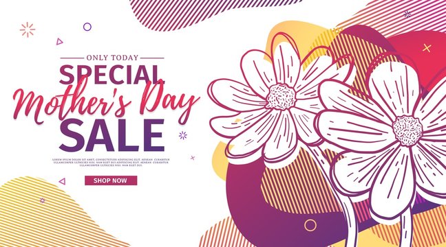 Modern Template design for Mom day banner. Promotion layout for mother's day offer with flower decoration. Line illustration  floral blossom with abstract geometric shape for sale. Vector.