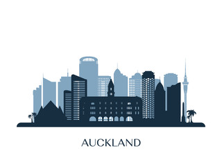 Auckland skyline, monochrome silhouette. Vector illustration.