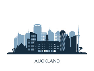 Naklejka premium Auckland skyline, monochrome silhouette. Vector illustration.