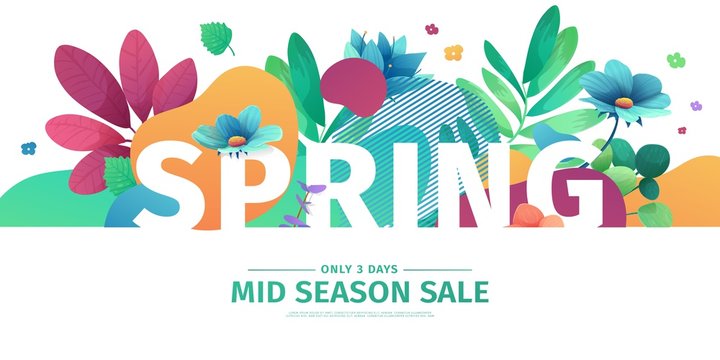 Template design banner for spring season sale. Promotion offer layout with plants, leaves and floral decoration.  Abstract shape with flowers frame. Vector