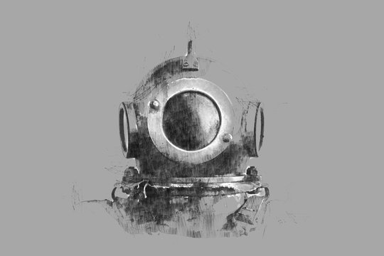 Pencil illustration. A helmet from an old diving suit.