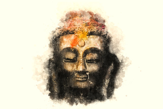 Watercolor illustration. The Buddha's face