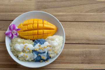 Thai dessert mango with sticky rice on wood background