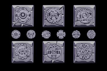 Fototapeta premium Ancient Mexican mythology symbols isolated on stone square. American aztec, mayan culture native totem. Vector icons.