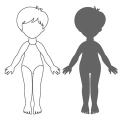 Paper doll pattern. Shadow, silhouette. Coloring book. Educational game for children.