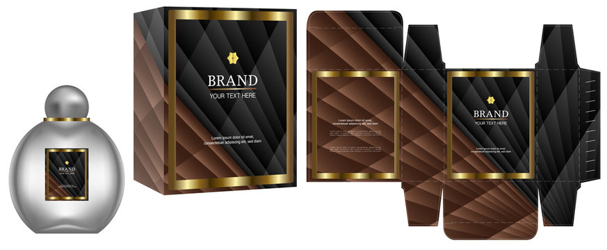 Packaging design, Label on cosmetic container with black and brown luxury box template and mockup box, illustration vector.	
