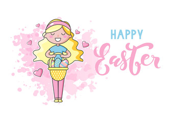 Banner of cute kawaii Easter Girl with  basket of easter eggs and lettering. Happy rainbow color. Beautiful Kawaii vector illustration for greeting card/poster/banner.