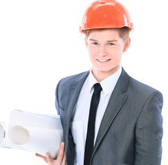 Serious architect man standing isolated on white background 