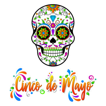 Mexican Sugar skulls, Cinco de Maya vector isolated illustration on white background. 