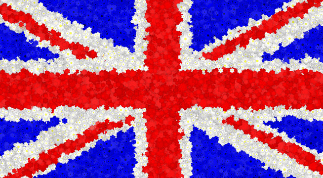 Graphic illustration of a flag of a Great Britain with a blossom pattern