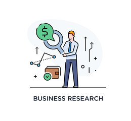 Businessman with magnifier looking for money. Line icon illustration. Success, rates