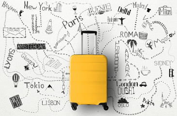 Travel concept with a large suitcase and other accessories - obrazy, fototapety, plakaty