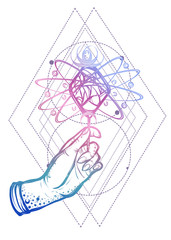 Vector illustration. Hand with a lollipop, lettering space candy. Sacred geometry.  Handmade, prints on T-shirts, tattoos, background white, purple blue color.Tattooed hand