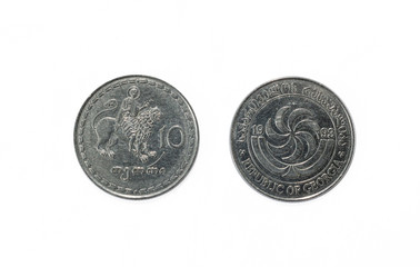 Georgian currency, 20 tetri metal coin obverse and reverse close up isolated on white background