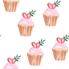  watercolor pattern with pink purple yellow cupcakes with fruit, kiwi, cherry, strawberry