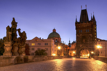 Fototapeta na wymiar Panoramic morning view along Charles Bridge towards Old Town - Prague, Czech