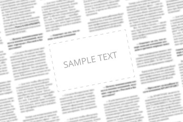 Angularly shot black and white newspaper with copy space in the middle. Written words Sample Text in the blank square on the blurred tabloid page background. Designer mockup for paper news page. Type. - obrazy, fototapety, plakaty