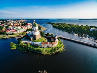 Aerial view of Vyborg city panorama, Russia.