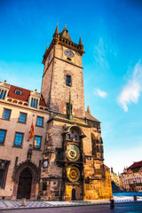 Fototapeta na wymiar fascinating magical beautiful landscape on the central square of Prague, Czech Republic with clock tower. amazing places. popular tourist atraction