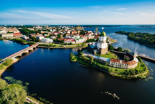 Aerial view of Vyborg city panorama, Russia.