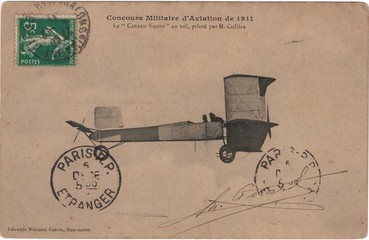 Canard Voisin em voo, pilotado por Colliex, em cartão-postal de 1911