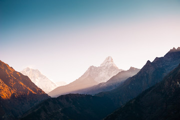View of Mount Ama Dablam and Lhotse at sunrise in Himalayas, Everest region, Nepal