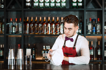 Professional young bartender in white shirt and red apron, wearing bow tie posing at work in night club at bar stand. Service and Entertainment business.