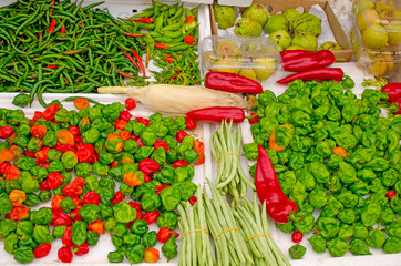 fresh vegetables on a market counter