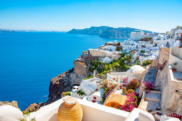 Santorini Greece luxury island with volcano and amazing sunsets - obrazy, fototapety, plakaty