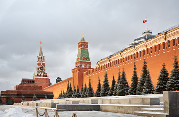 Lenin's Mausoleum, Spasskaya Tower and Kremlin wall, Red square, winter, Moscow, Russia