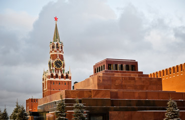 Fototapeta na wymiar Lenin's Mausoleum and Spasskaya Tower, Red square, winter, Moscow, Russia