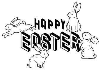 Happy Easter with cute bunny rabbits line art vector drawing, hand drawn minimalism style. Vector illustration.